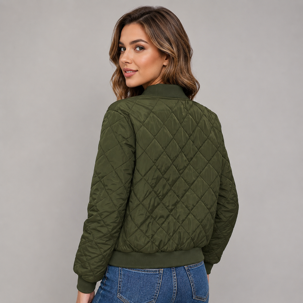 Women's cropped quilted bomber jacket in olive green – back view