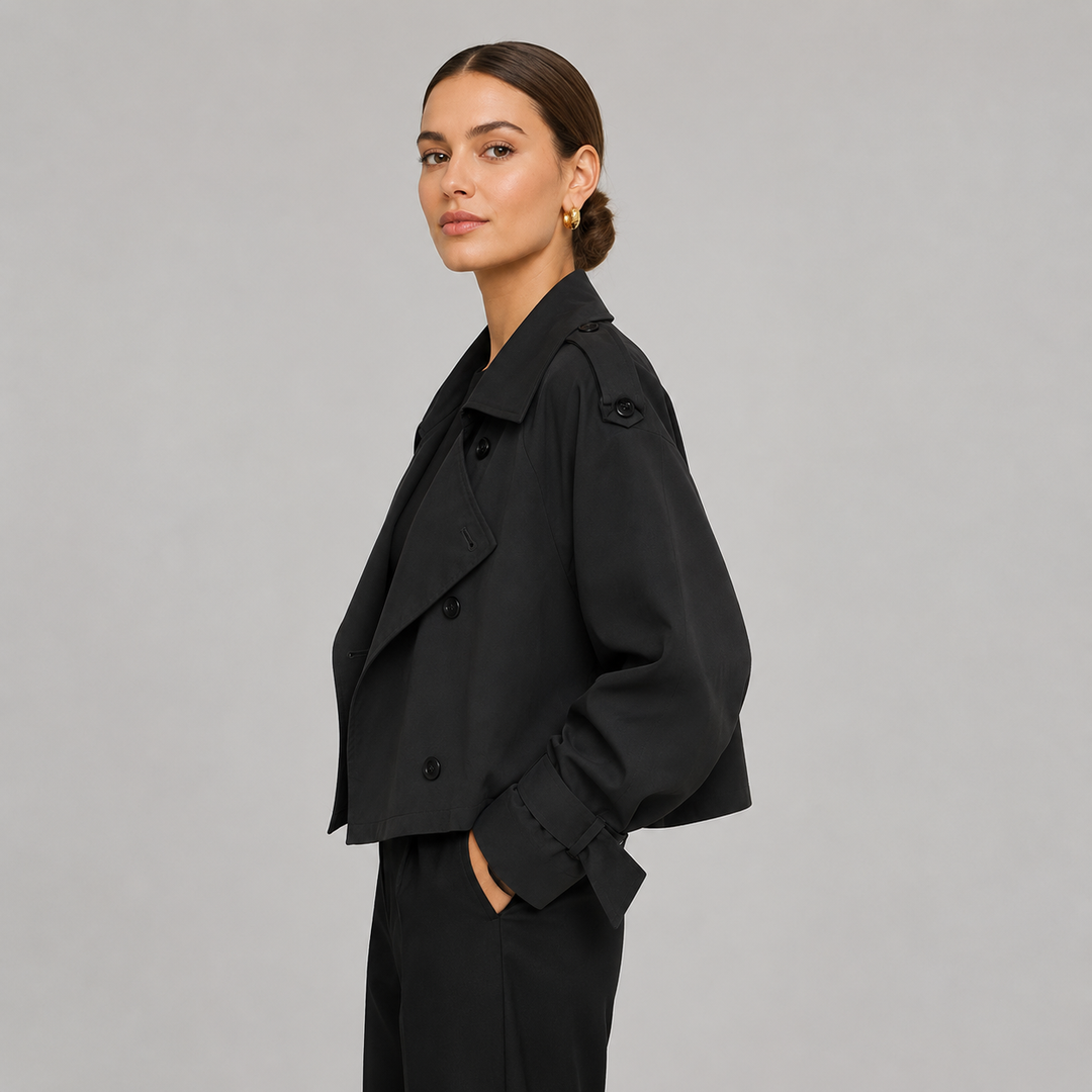 Women's cropped trench jacket in black – side view