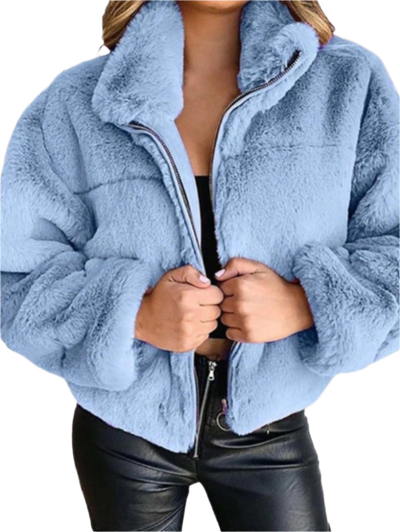Women's Cropped Faux Fur Jacket with Stand Collar and Zip in 6 Colors