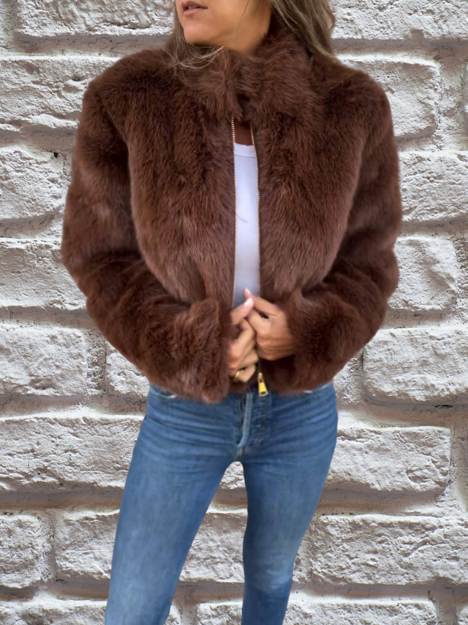 Women's Cropped Faux Fur Zip Jacket in brown