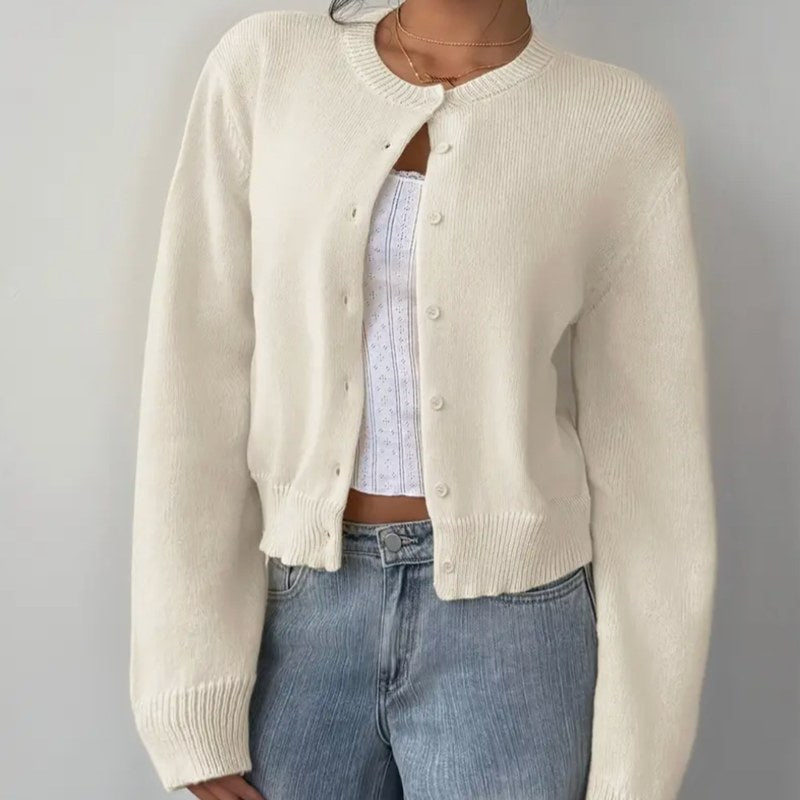 Women's Cropped Knit Cardigan with Crew Neck for Everyday Wear
