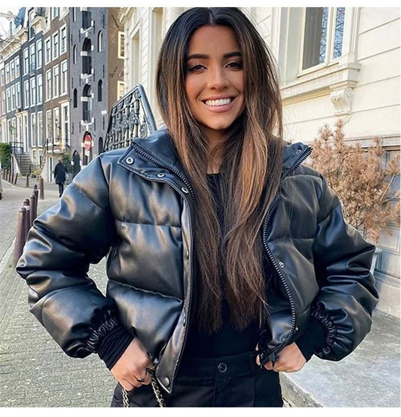 Women's Leather-Look Puffer Jacket in black