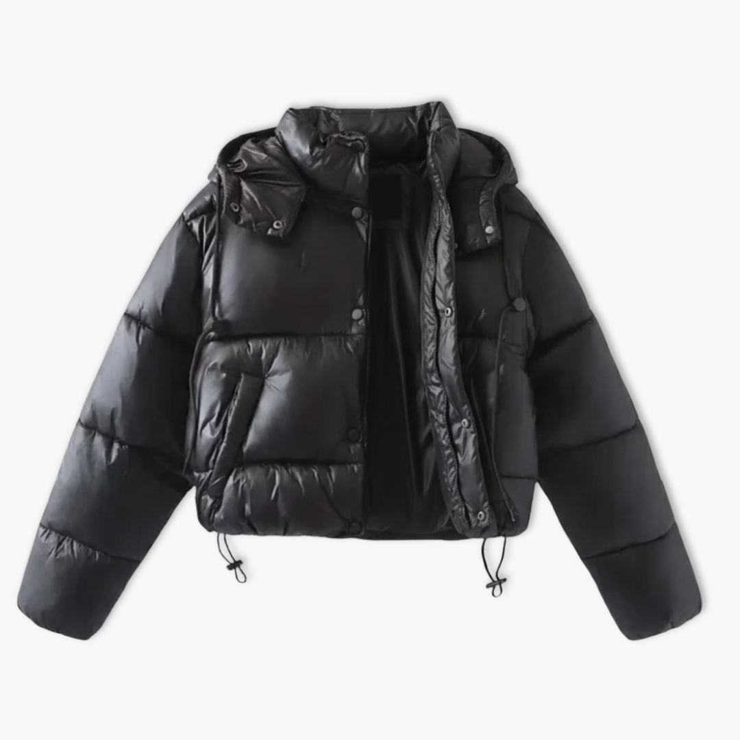 Women's cropped puffer jacket with hood in black