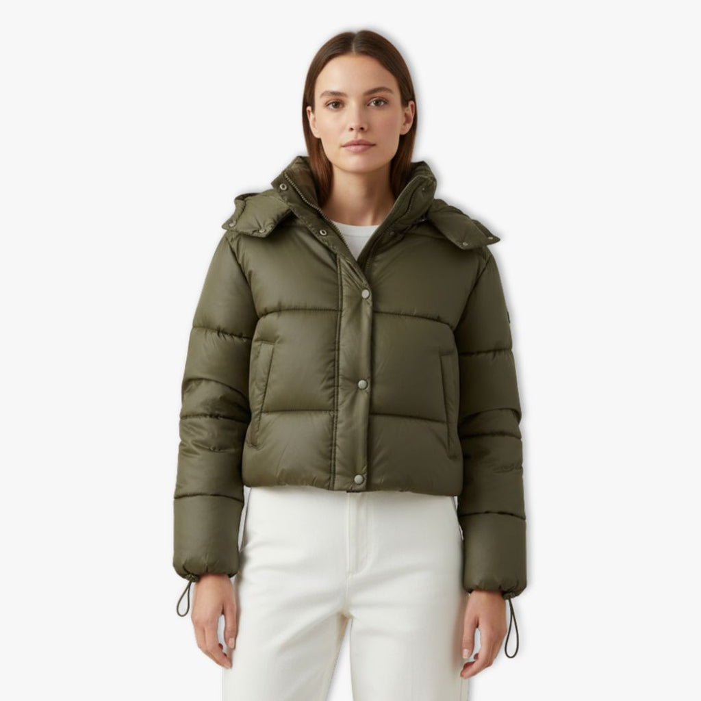 Women's cropped puffer jacket with hood in olive, worn