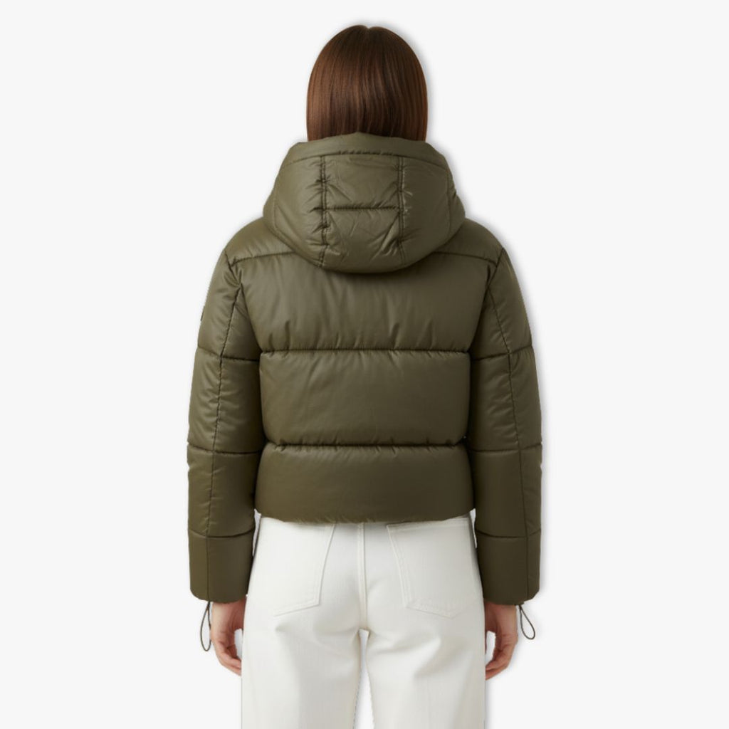 Women's cropped puffer jacket with hood in olive, back view