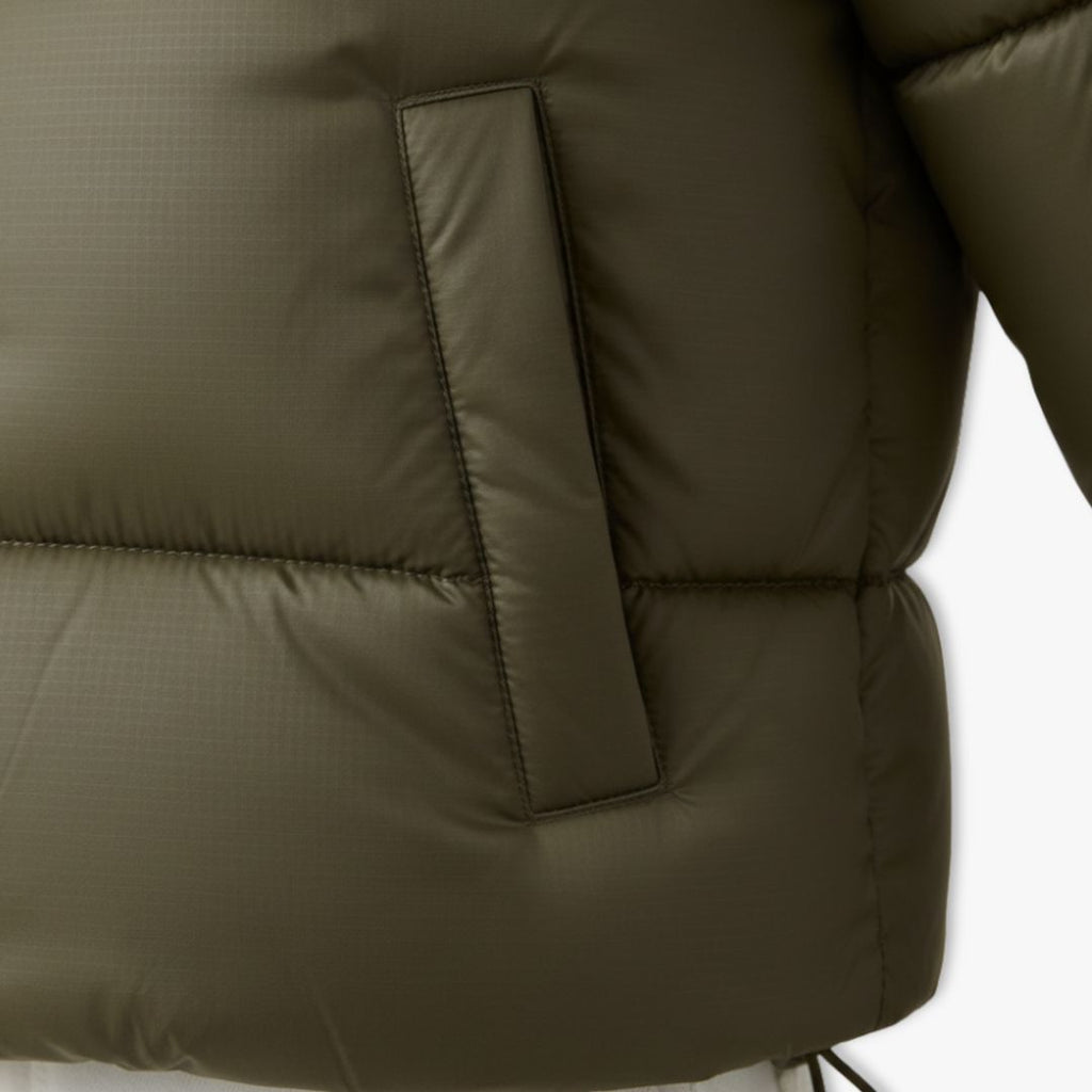 Women's cropped puffer jacket with hood in olive, quilting detail