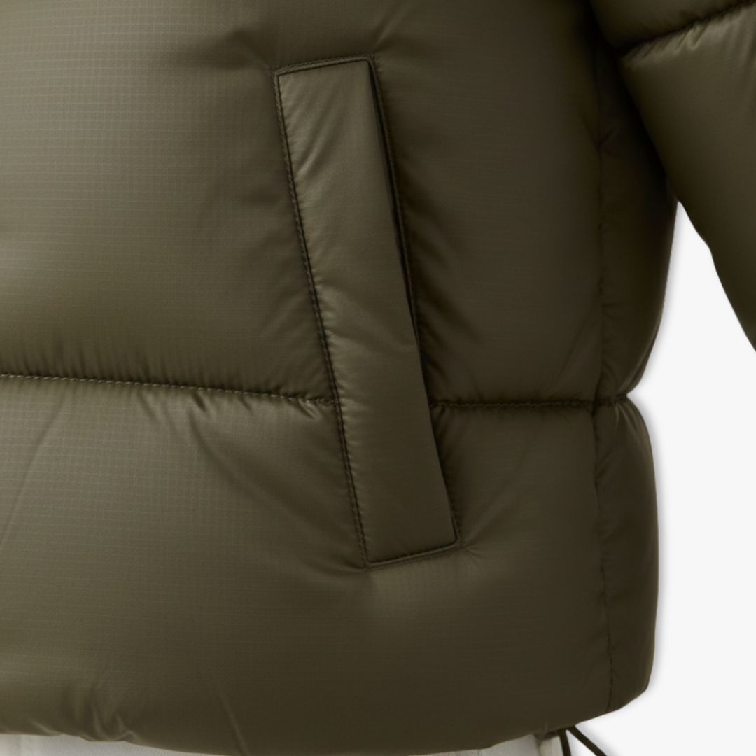 Women's cropped puffer jacket with hood in olive, quilting detail