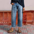 Women's Cropped Straight Leg Jeans with Frayed Hem in classic blue