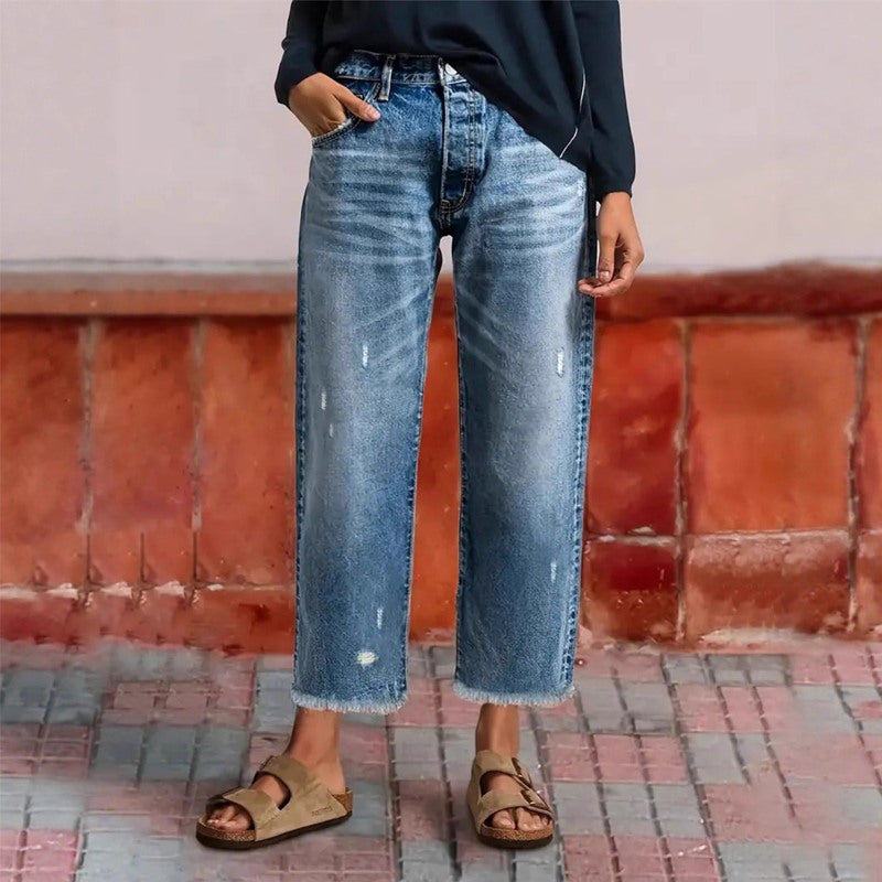 Women's Cropped Straight Leg Jeans with Frayed Hem in classic blue