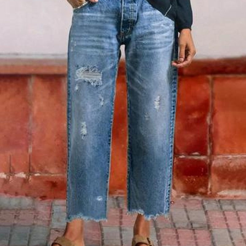 Women's Cropped Straight Leg Jeans with Frayed Hem in classic blue, distressed front view