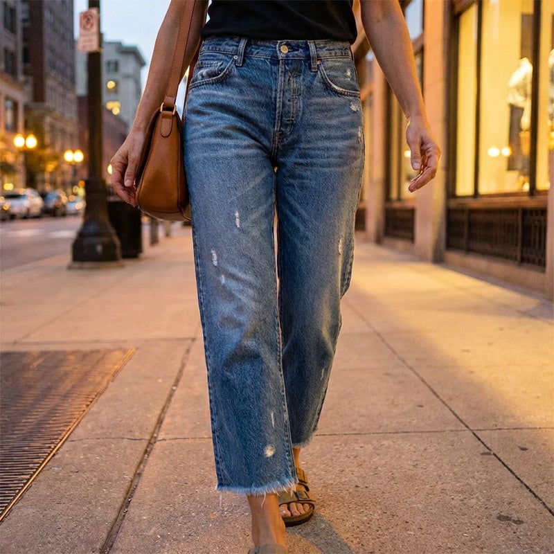 Women's Cropped Straight Leg Jeans with Frayed Hem in classic blue, worn on a city street