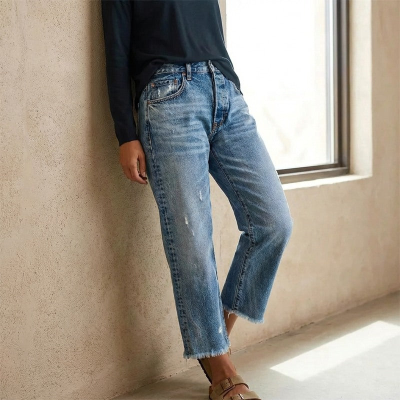 Women's Cropped Straight Leg Jeans with Frayed Hem in classic blue, side view