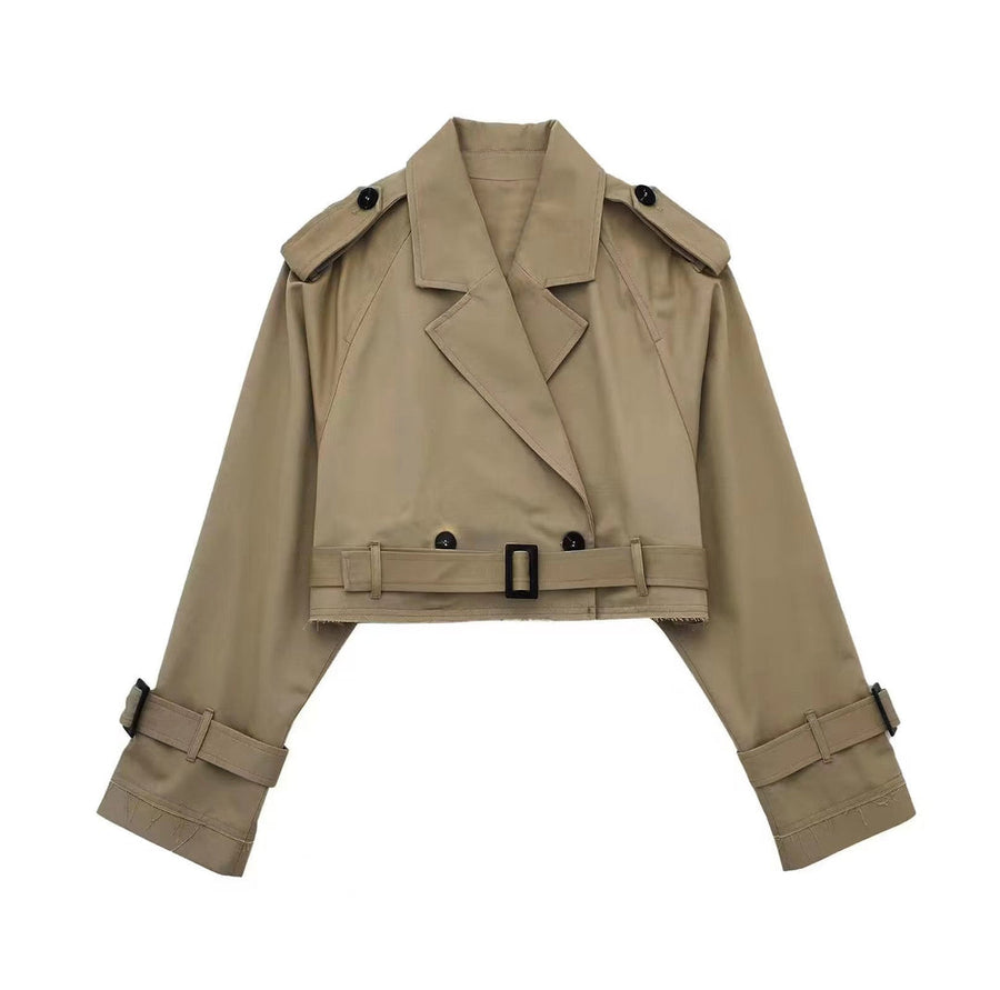 Women's Cropped Trench Jacket with Belt and Epaulettes in 4 Colors
