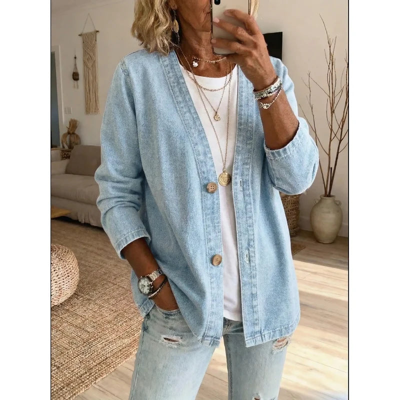 Women's Denim Look Cardigan Jacket with Button Front for Casual Days