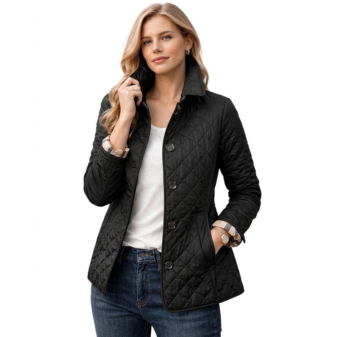 Women's diamond quilted jacket with check cuffs in black