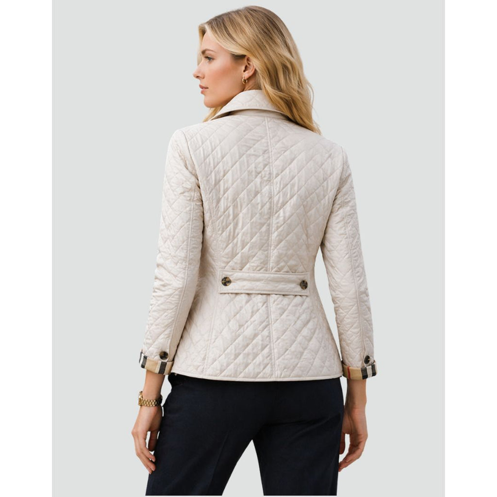 Women's diamond quilted jacket with check cuffs in cream, back view
