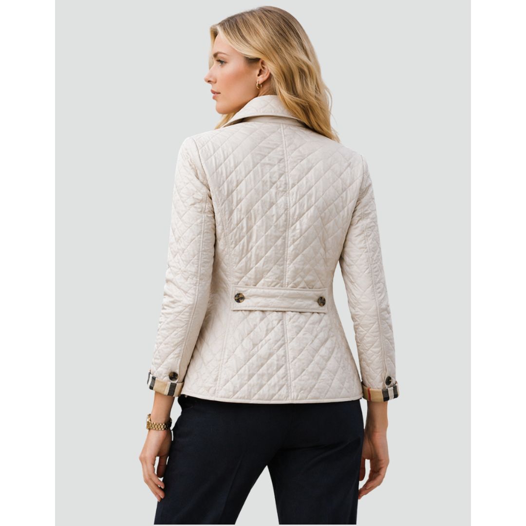 Women's diamond quilted jacket with check cuffs in cream, back view