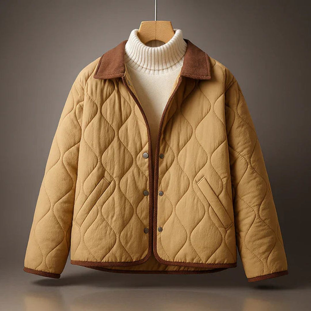 Women's diamond quilted jacket with corduroy collar in brown