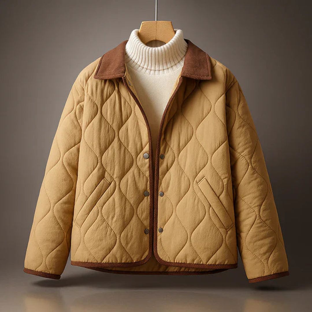 Women's diamond quilted jacket with corduroy collar in brown