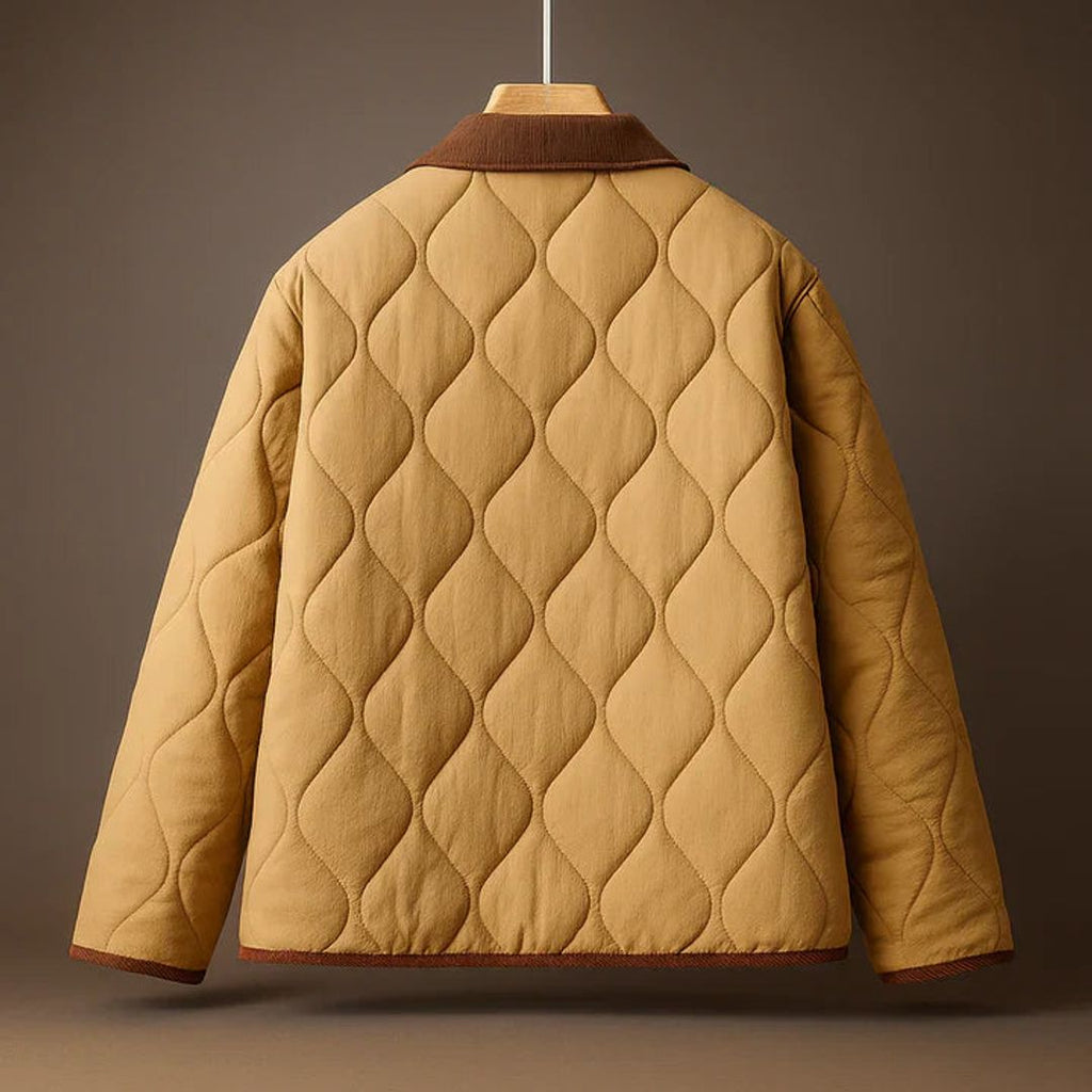 Women's diamond quilted jacket with corduroy collar in brown, back view