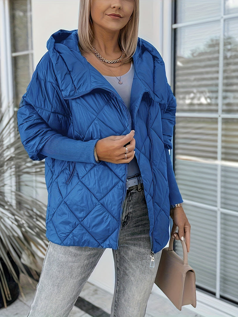 Women's diamond quilted hooded jacket in royal blue – side view