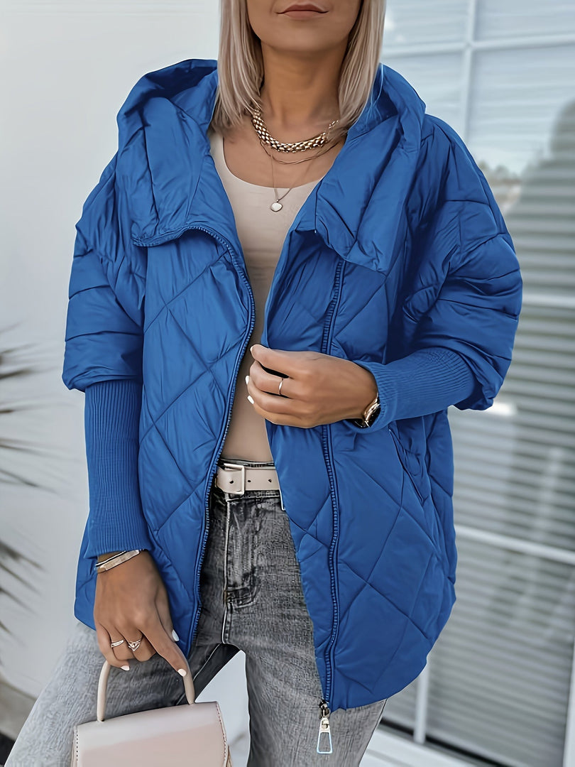 Women's diamond quilted hooded jacket in royal blue – worn open