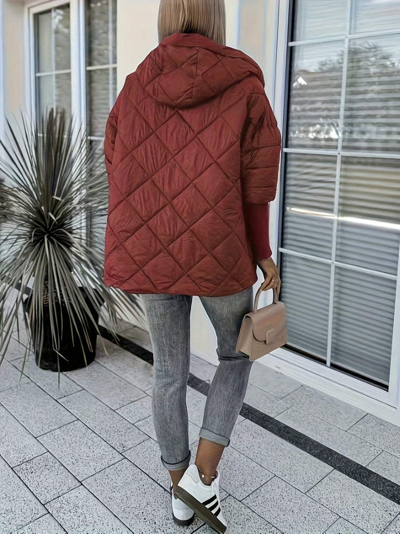 Women's diamond quilted hooded jacket in rust red – back view