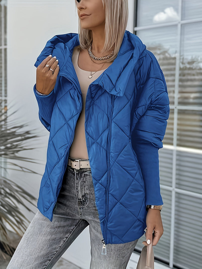 Women's diamond quilted hooded jacket in royal blue – front view