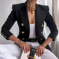 Women's Gold Button Double-Breasted Blazer in black