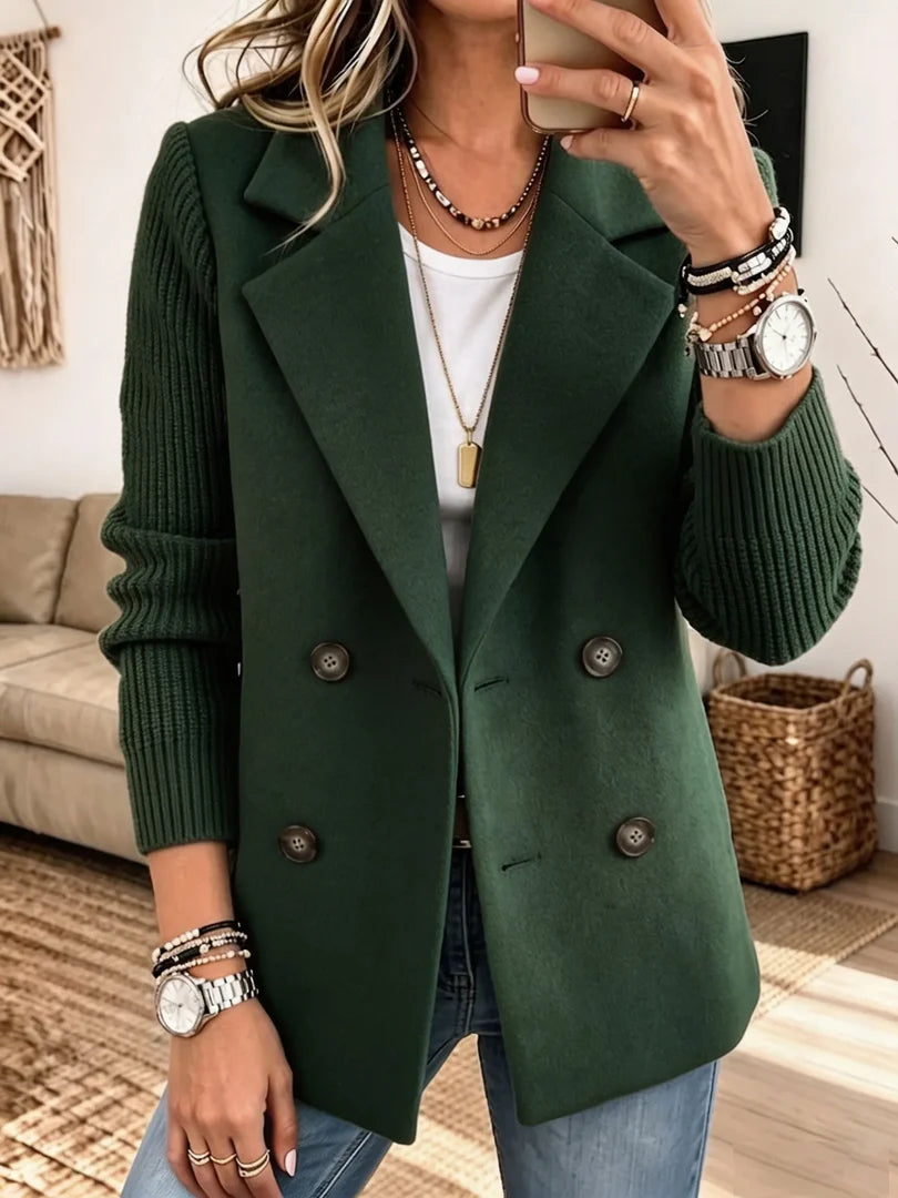 Women's Double-Breasted Blazer with Rib Knit Sleeves in 6 Colors