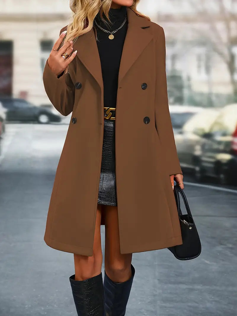 Women's belted double-breasted coat in brown – walking