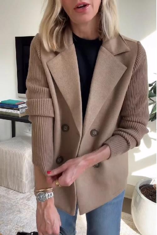 Women's double-breasted knit blazer in brown – worn open