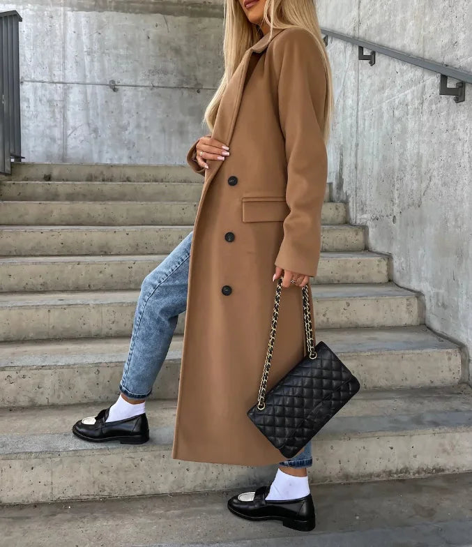 Women's double-breasted belted long coat in camel – side view