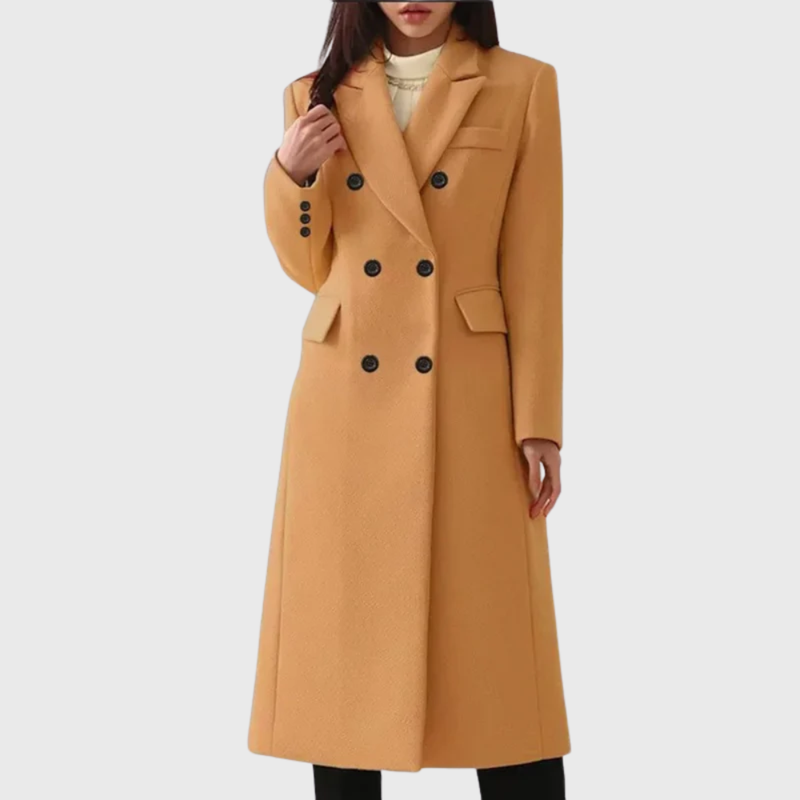 Women's double-breasted wool blend coat in brown – front view