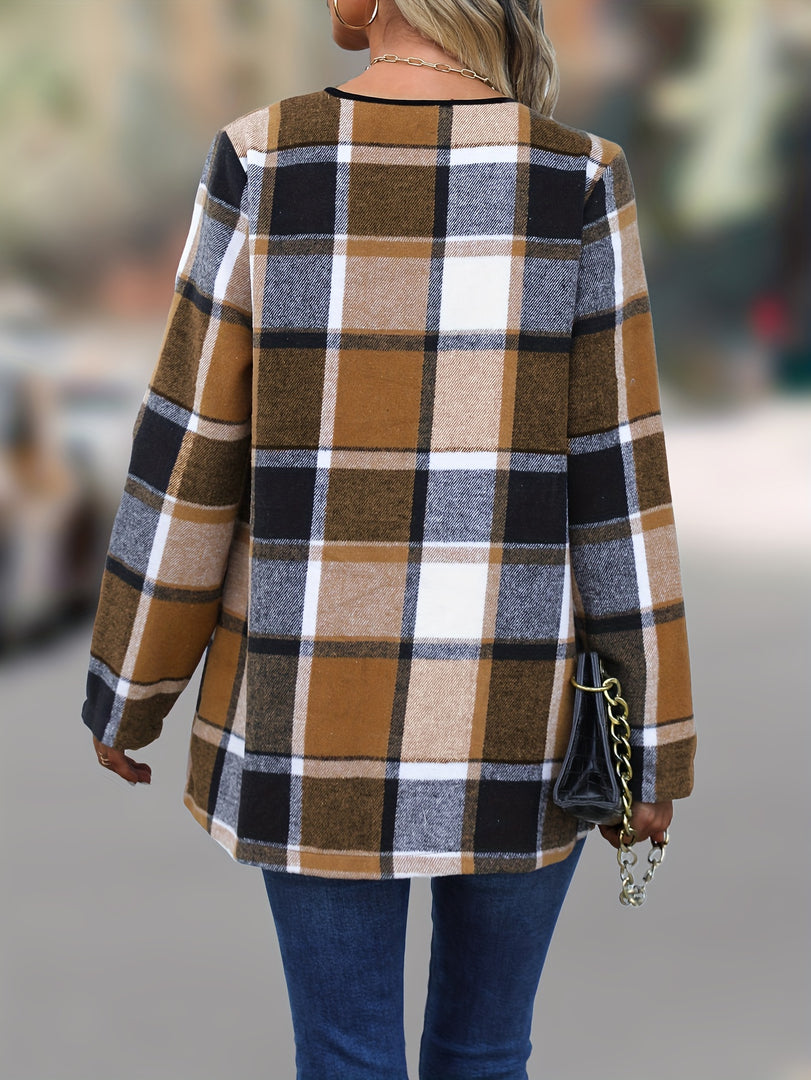 Women's draped check jacket in camel and navy – back view