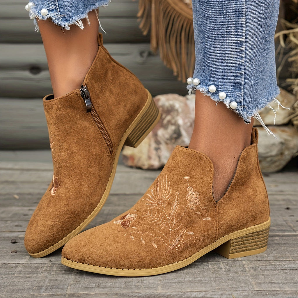 Women's embroidered ankle boots in brown – side view