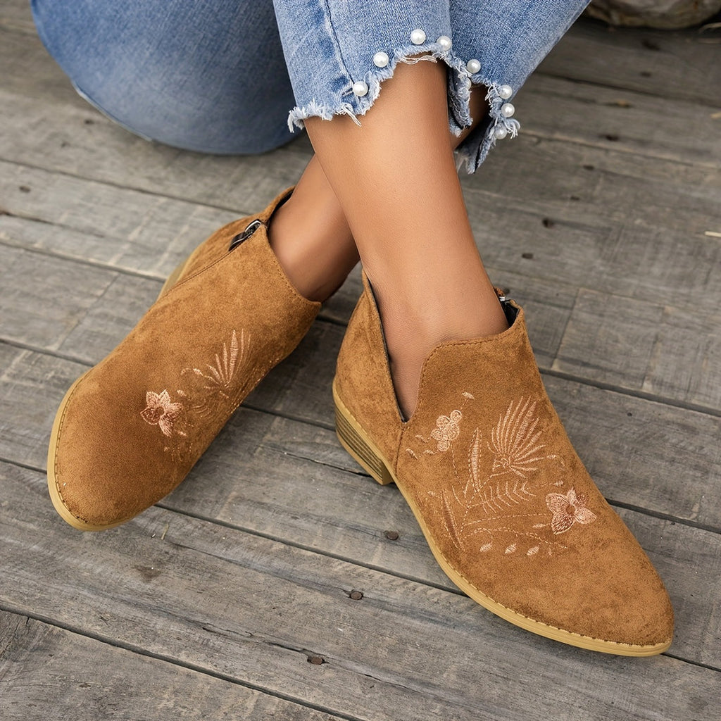 Women's embroidered ankle boots in brown – worn