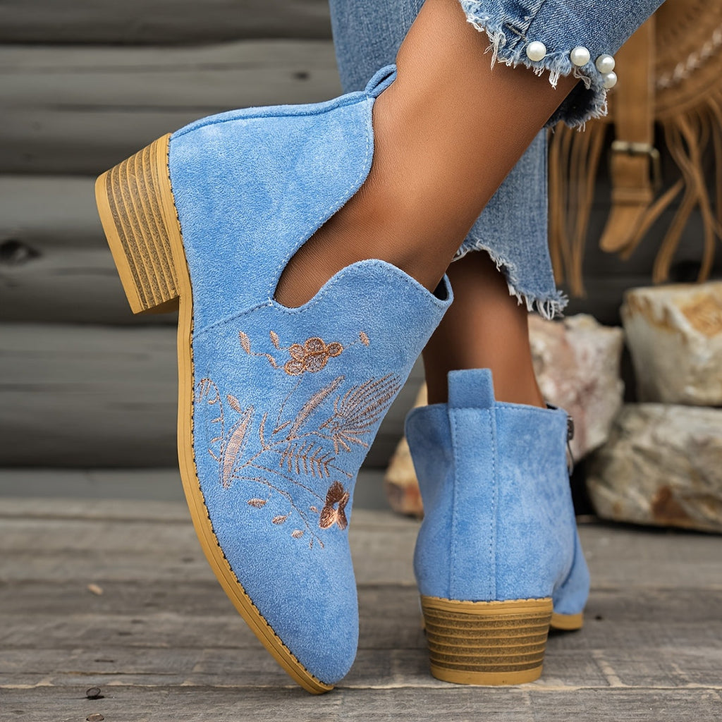 Women's embroidered ankle boots in sky blue – back view