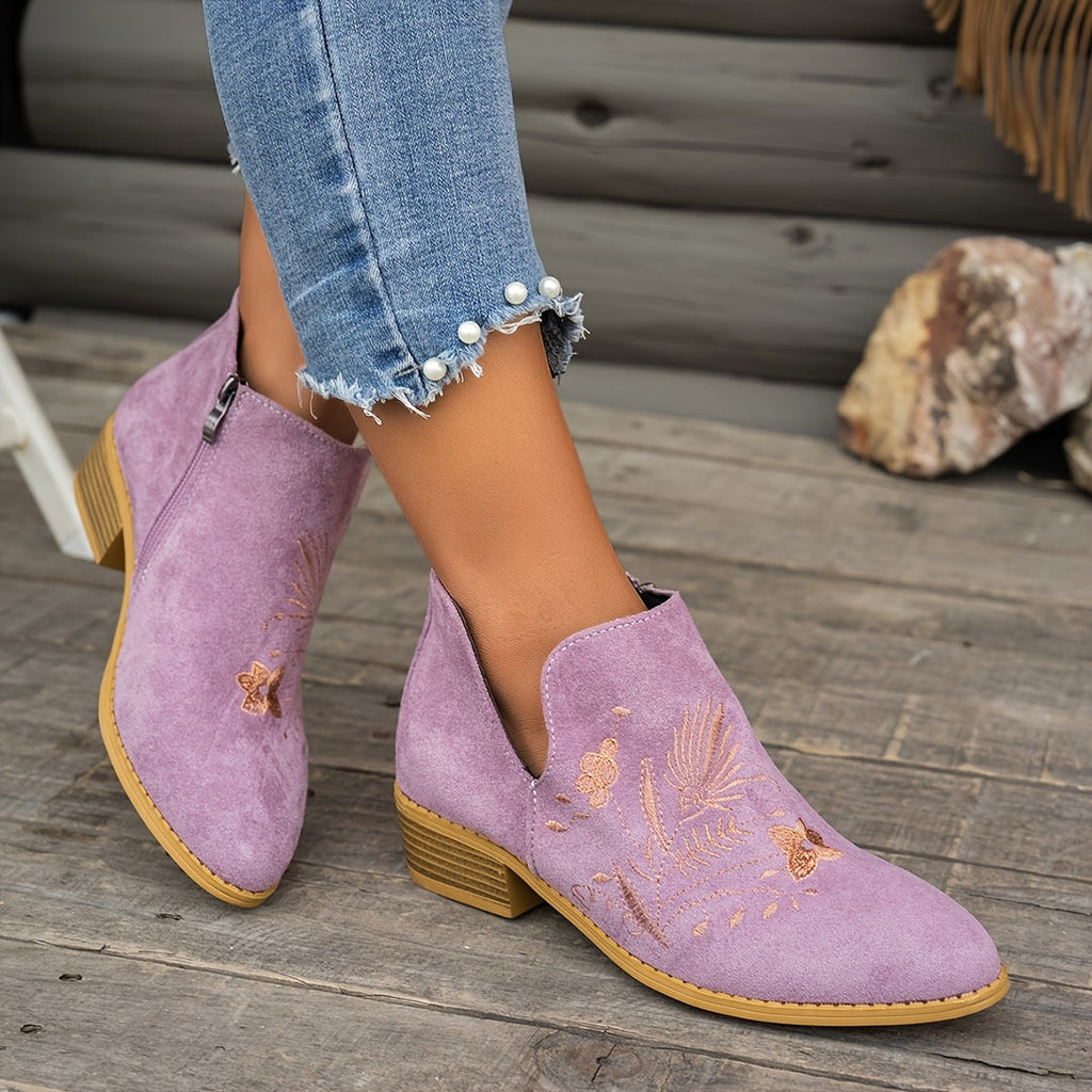 Women's embroidered ankle boots in purple – side view