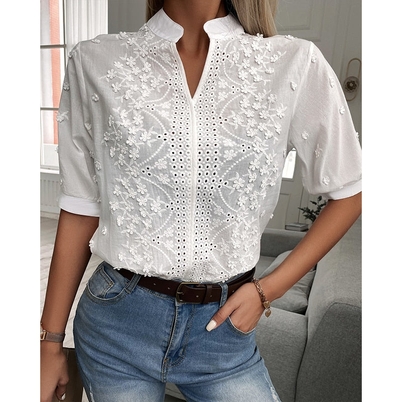 Women's Embroidered Blouse with V-Neck and Short Sleeves in White