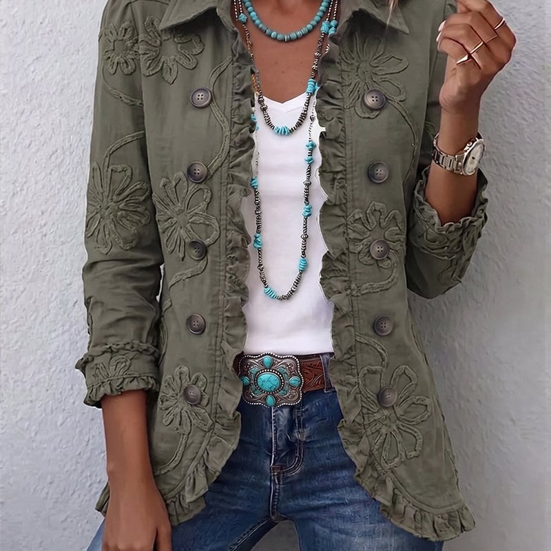 Women's Embroidered Jacket with Ruffle Trim for Spring Days