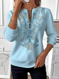 Women's Embroidered Half-Zip Sweatshirt in light blue