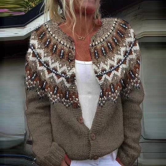 Women's Fair Isle Knit Cardigan with Button Front in Brown