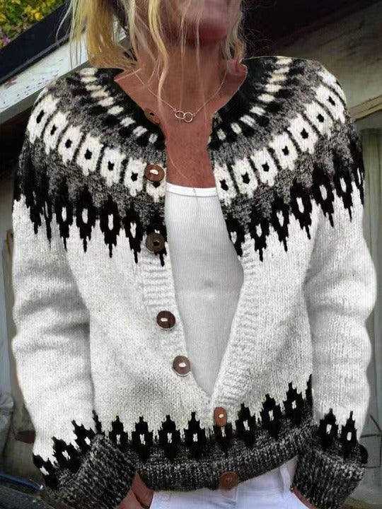 Women's Fair Isle Knit Cardigan with Round Neck in Black and White