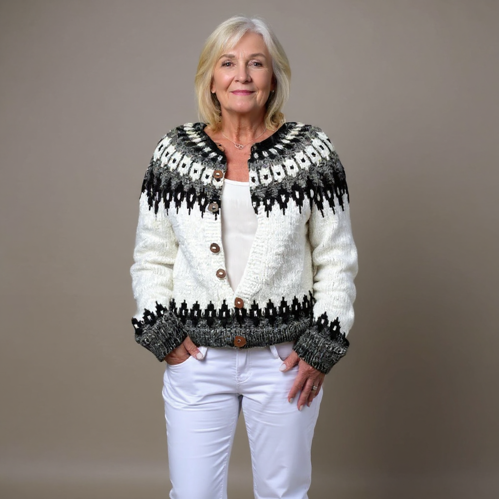 Women's black and white fair isle cardigan – worn