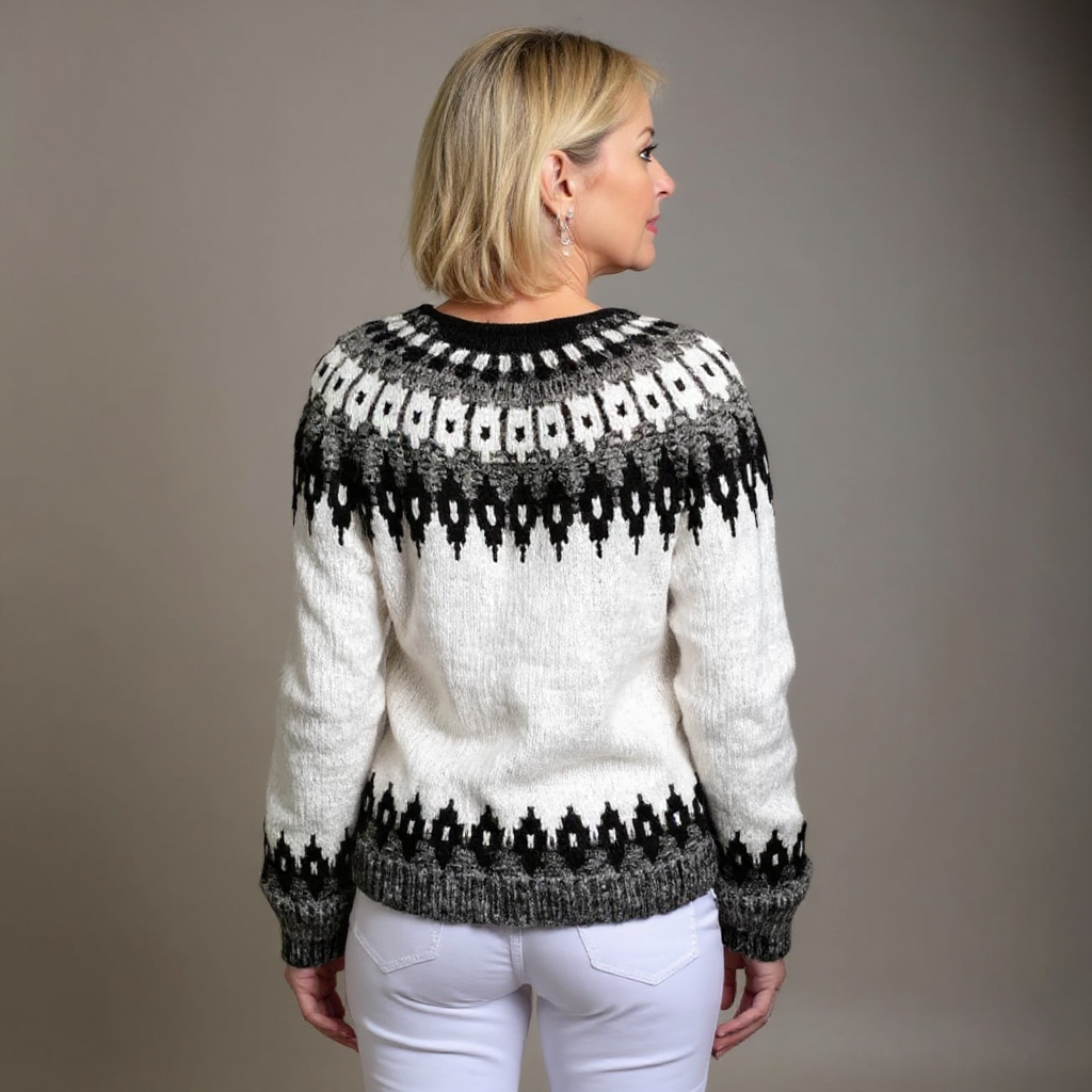 Women's black and white fair isle cardigan – back view