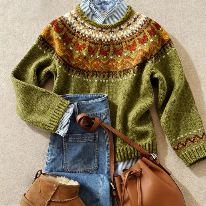 Women's green fair isle sweater – flat lay