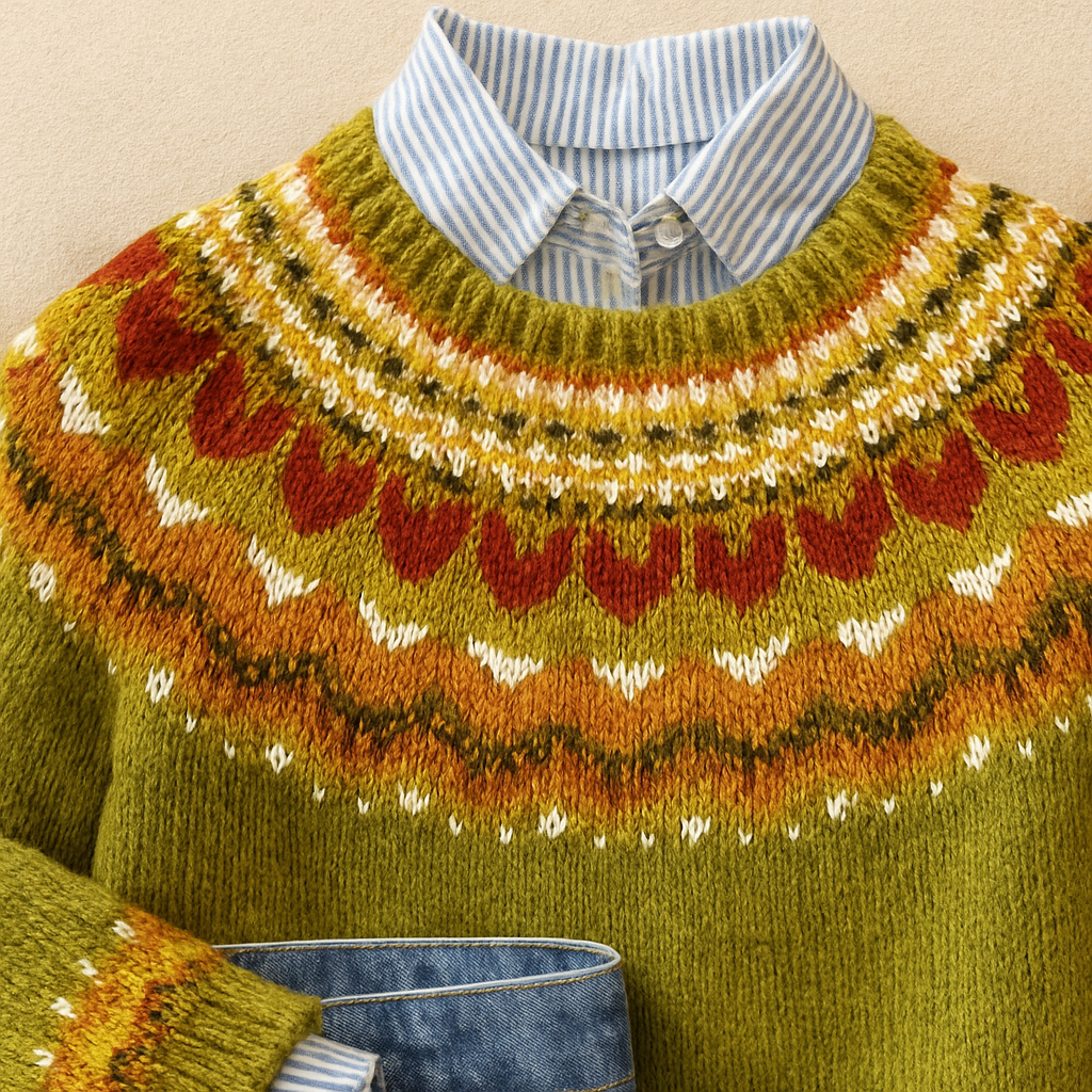 Close-up of the fair isle yoke