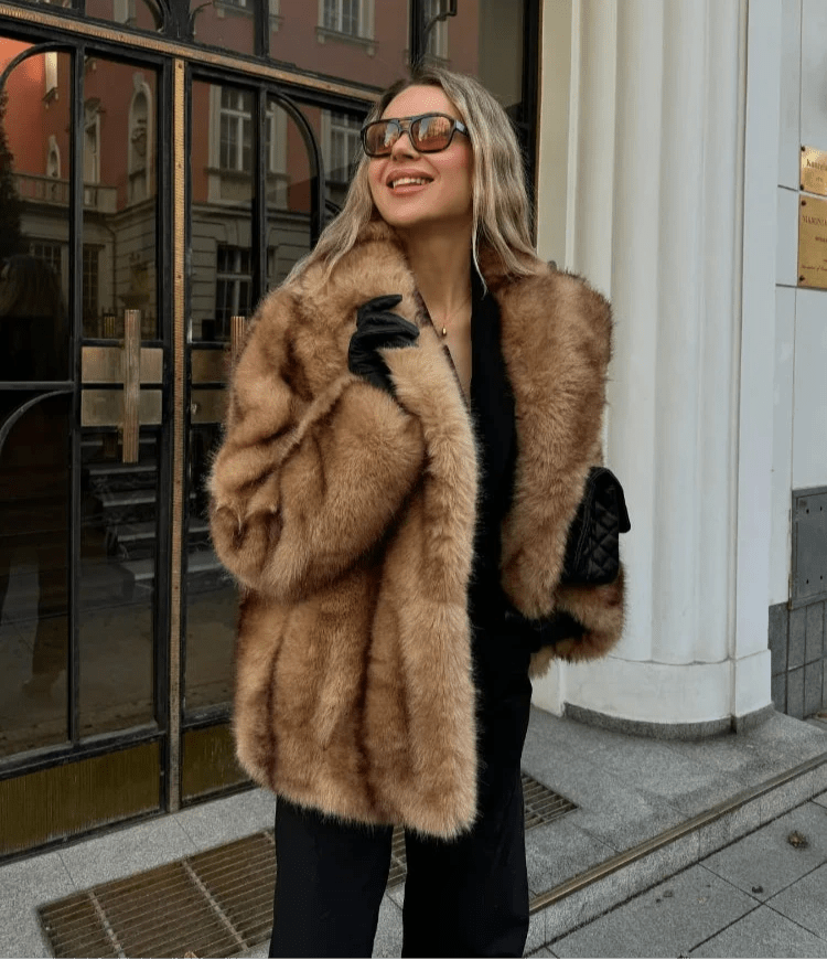 Women's Faux Fur Jacket with Wide Collar in Brown for Winter