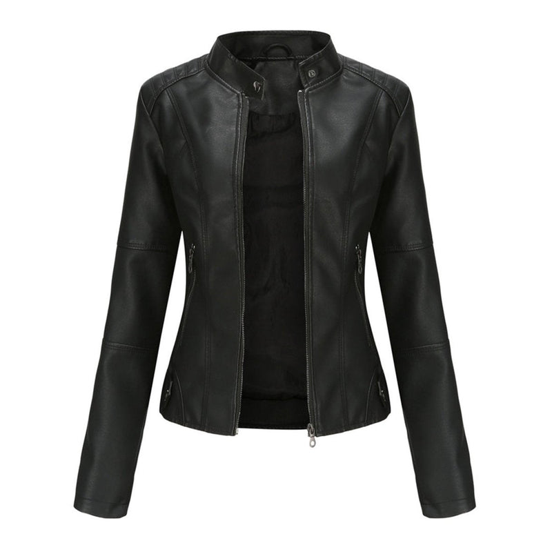 Women's Fitted Leather Look Biker Jacket with Stand Collar